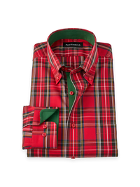 Non-Iron Cotton Plaid Button Down Dress Shirt With Contrast Trim - Red