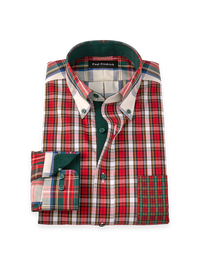 Non-Iron Cotton Plaid Button Down Dress Shirt With Contrast Trim - Red/Green