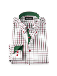 Non-Iron Cotton Windowpane Button Down Dress Shirt With Contrast Trim - Green
