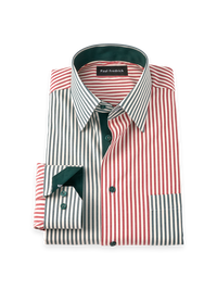 Non-Iron Cotton Stripe Point Collar Dress Shirt With Contrast Trim - Red/Green