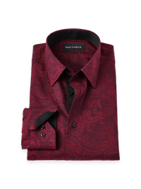 Non-Iron Cotton Paisley Point Collar Dress Shirt With Contrast Trim - Burgundy