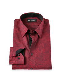 Non-Iron Cotton Paisley Point Collar Dress Shirt With Contrast Trim - Burgundy