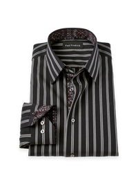 Non-Iron Cotton Stripe Point Collar Dress Shirt With Contrast Trim - Black