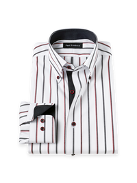 Non-Iron Cotton Stripe Button Down Collar Dress Shirt With Contrast Trim - White Multi
