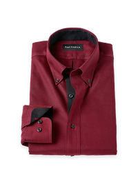 Non-Iron Cotton Houndstooth Button Down Collar Dress Shirt With Contrast Trim - Black/Red