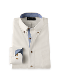 Non-Iron Thermolite Flannel Solid Herringbone Button Down Collar Dress Shirt - Winter White