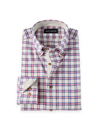 Non-Iron Thermolite Flannel Plaid Button Down Collar Dress Shirt With Trim - White/Pink