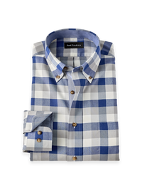 Non-Iron Thermolite Flannel Check Button Down Collar Dress Shirt With Trim - Blue