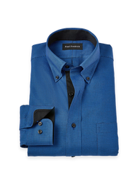 Non-Iron Cotton Houndstooth Button Down Collar Dress Shirt With Contrast Trim - Cobalt