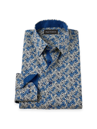 Non-Iron Cotton Botanical Point Collar Dress Shirt With Contrast Trim - Cobalt