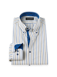 Non-Iron Cotton Stripe Button Down Collar Dress Shirt With Contrast Trim - White/Cobalt