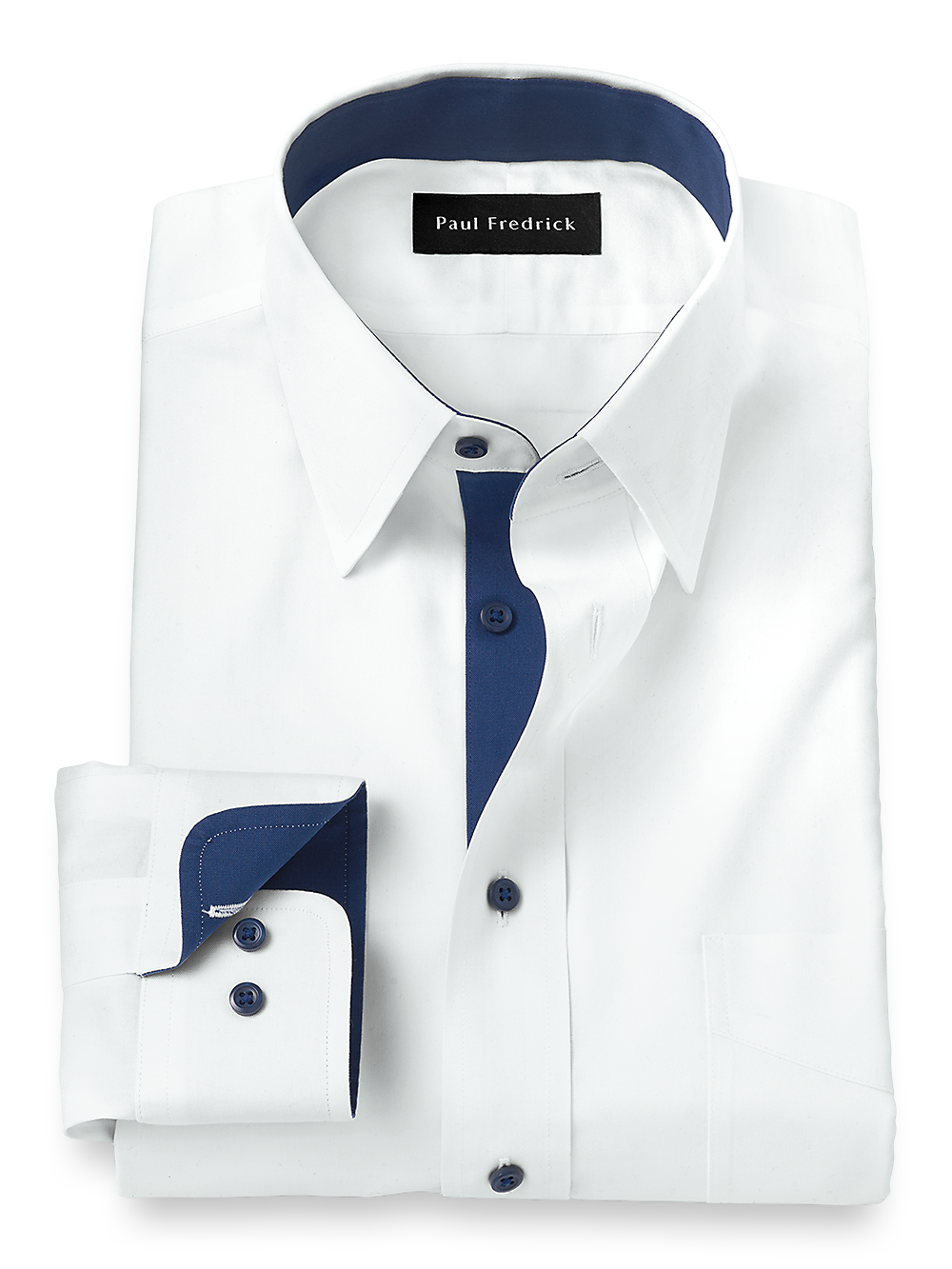 Product Image of Non-iron Cotton Solid Dress Shirt With Contrast Trim-White/Navy