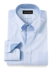 Non-Iron Cotton Stripe Dress Shirt With Contrast Trim - Blue