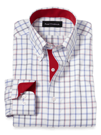 Non-Iron Cotton Check Dress Shirt With Contrast Trim - Blue/red