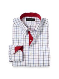 Non-Iron Cotton Check Dress Shirt With Contrast Trim - Blue/red