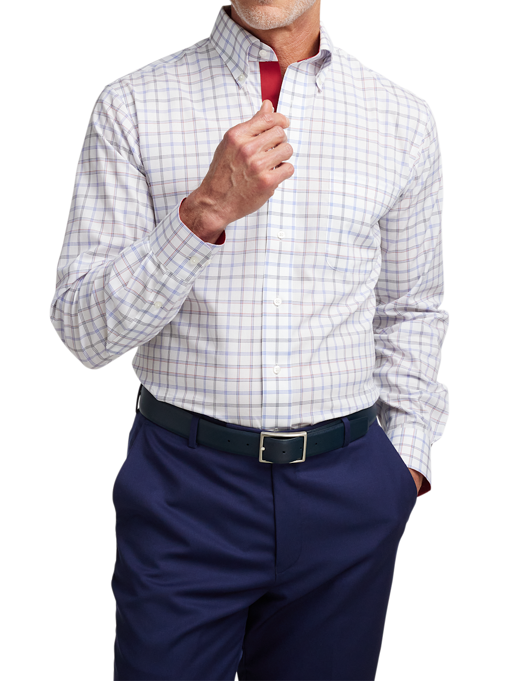 Alternate Shot of Men's Blue/Red Check Shirts Trim Inside Neckband  Inside Cuffs  Button Side Of Placket