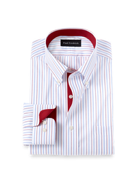 Non-Iron Cotton Stripe Dress Shirt With Contrast Trim - Blue/red