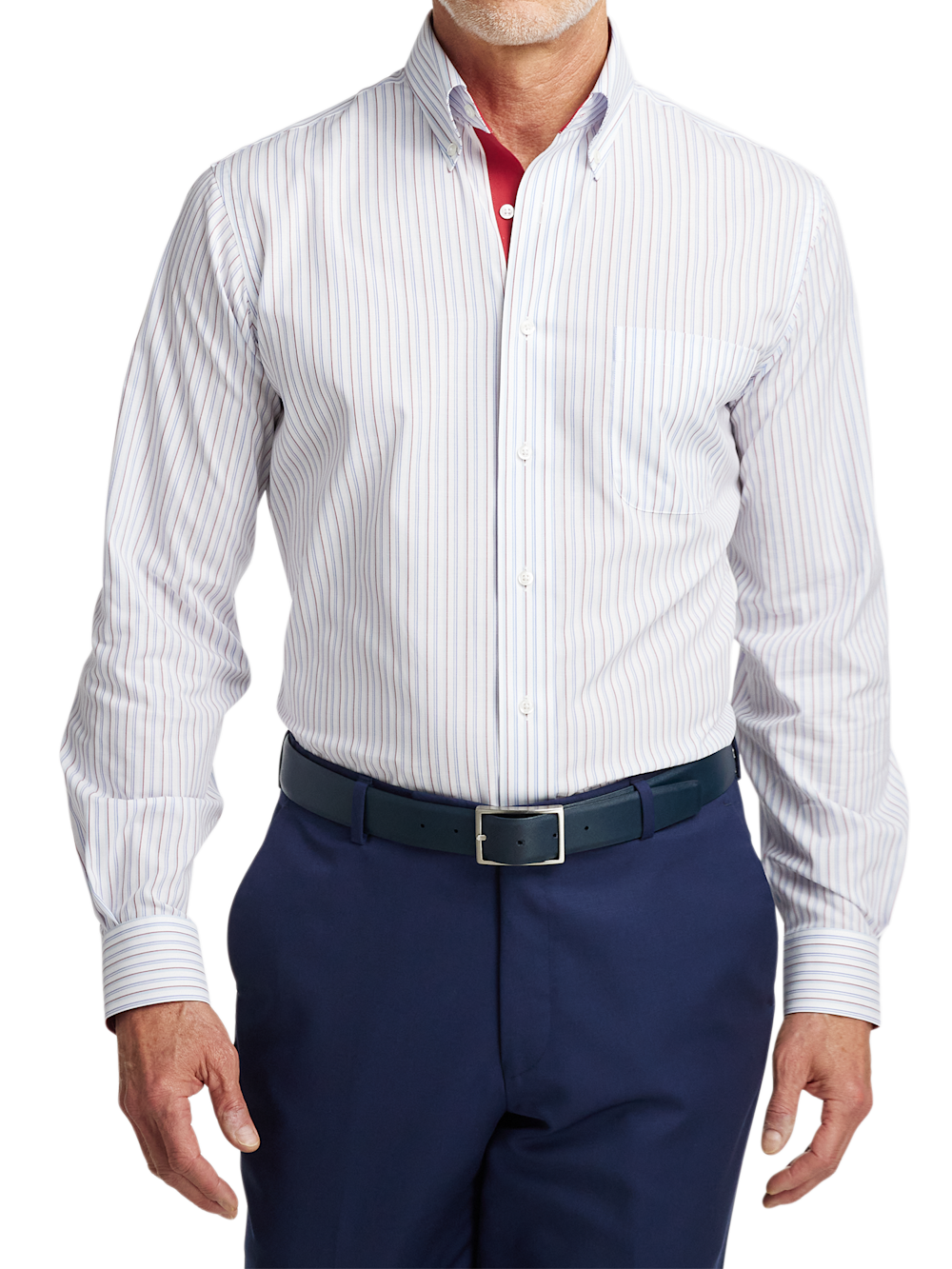Alternate Shot of Men's Blue/Red Stripe Shirts Trim Inside Neckband  Inside Cuffs  Button Side Of Placket - 1