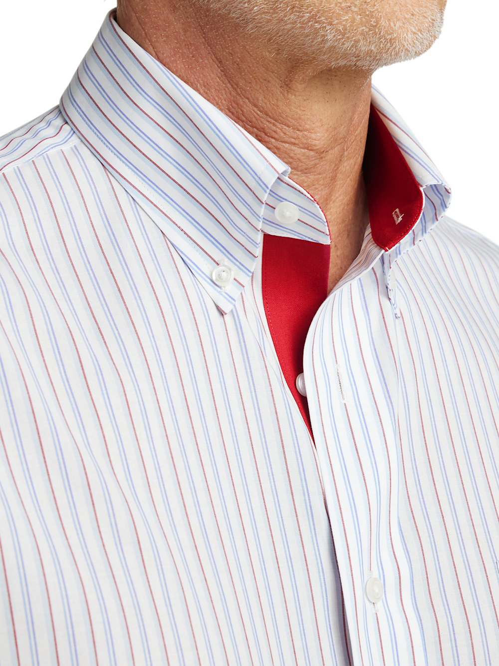 Alternate Shot of Men's Blue/Red Stripe Shirts Trim Inside Neckband  Inside Cuffs  Button Side Of Placket - 2
