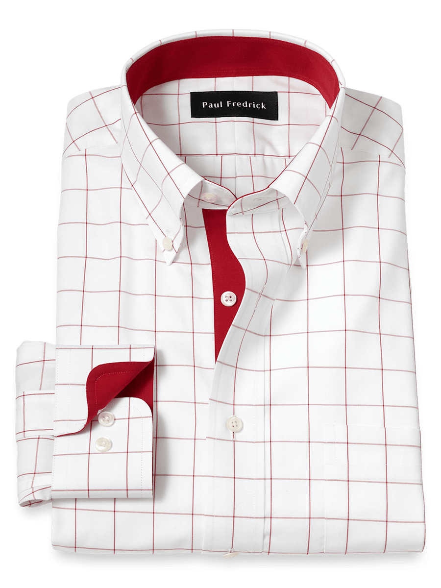 Non-Iron Cotton Windowpane Dress Shirt With Contrast Trim