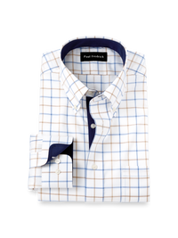 Non-Iron Cotton Check Dress Shirt With Contrast Trim - Blue/tan