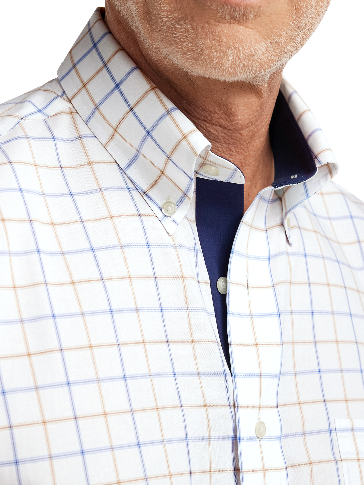 Non-Iron Cotton Check Dress Shirt With Contrast Trim - Blue/tan