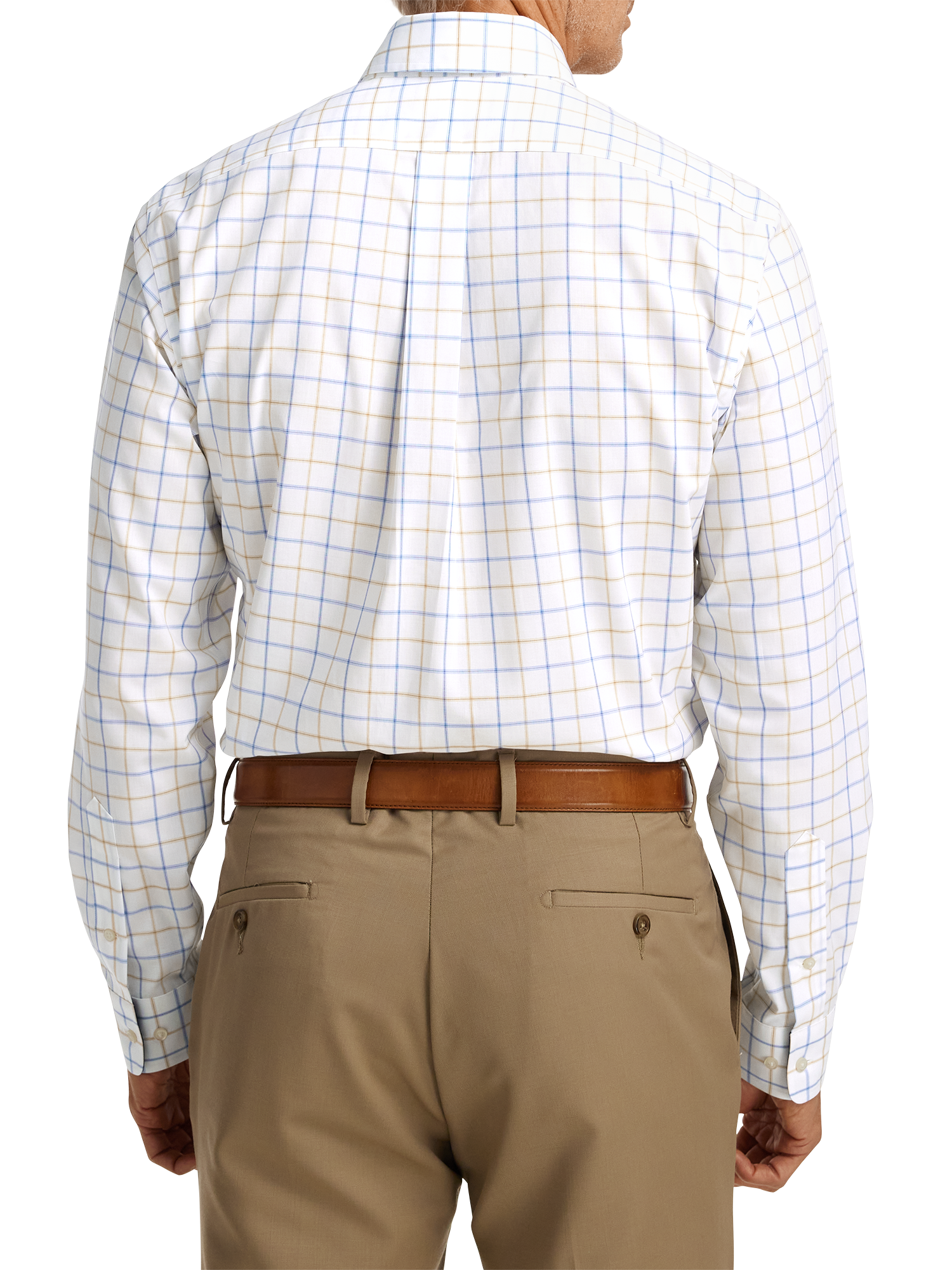 Non-Iron Cotton Check Dress Shirt With Contrast Trim - Blue/tan