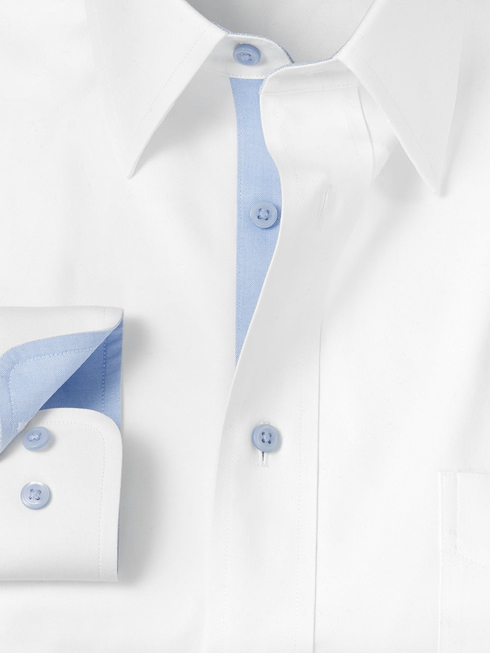 Alternate Shot of Men's White/Blue Solid Shirts Trim Inside Neckband  Inside Cuffs  Button Side Of Placket - 5