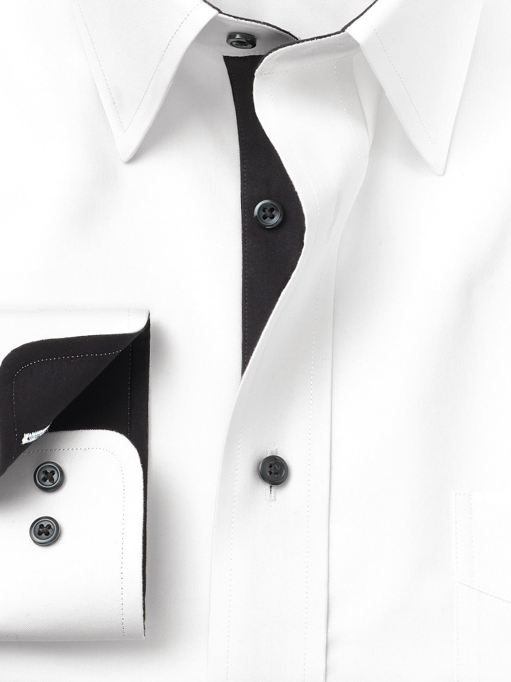 Alternate Shot of Men's White/Black Solid Shirts Trim Inside Neckband  Inside Cuffs  Button Side Of Placket - 5