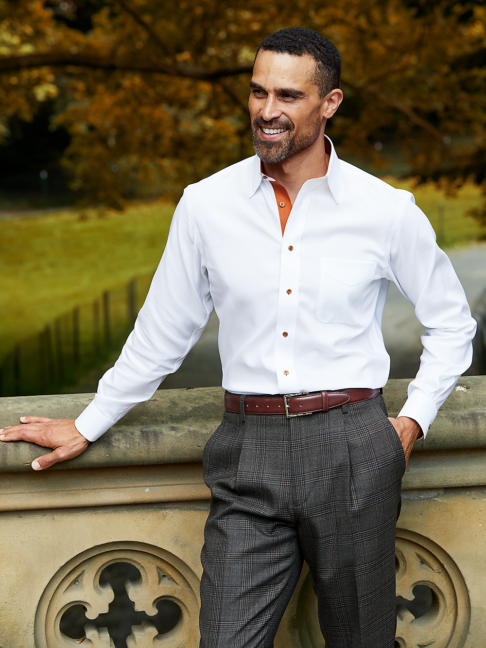 Comfort Stretch Non-Iron Solid Dress Shirt With Contrast Trim - White/rust