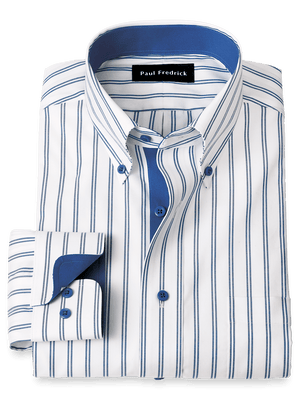 Comfort Stretch Non-Iron Stripe Dress Shirt With Contrast Trim - Cobalt