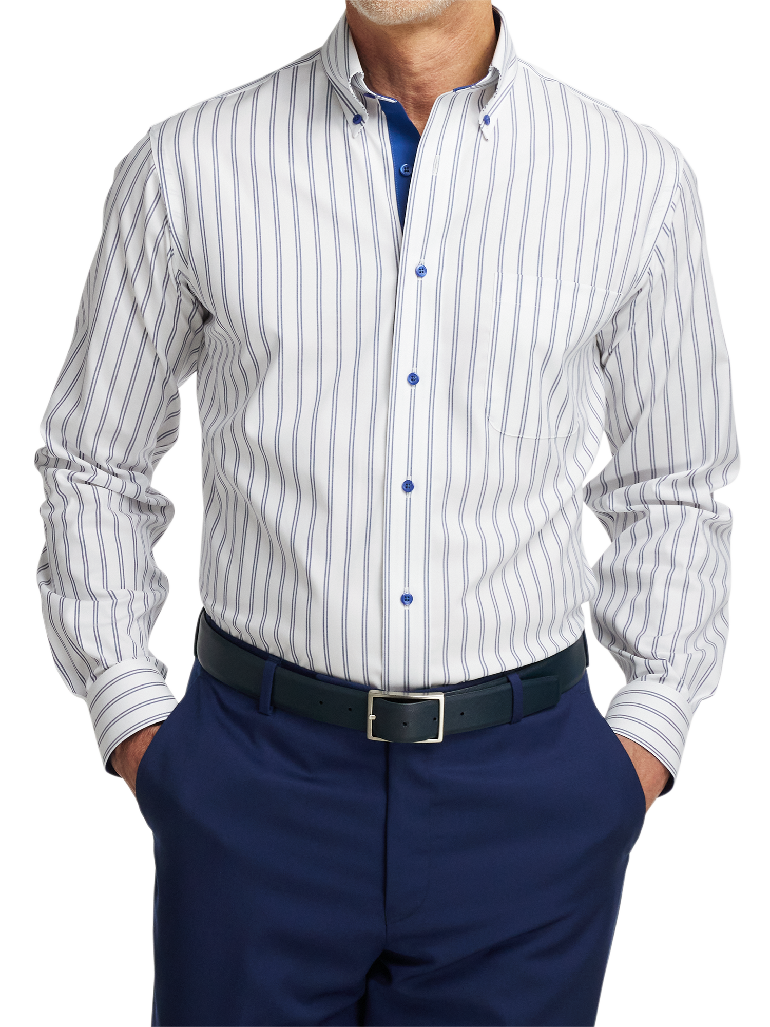 Comfort Stretch Non-Iron Stripe Dress Shirt With Contrast Trim - Cobalt