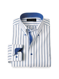 Comfort Stretch Non-Iron Stripe Dress Shirt With Contrast Trim - Cobalt