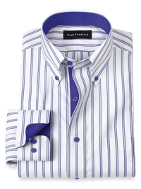 Comfort Stretch Non-Iron Stripe Dress Shirt With Contrast Trim - Purple