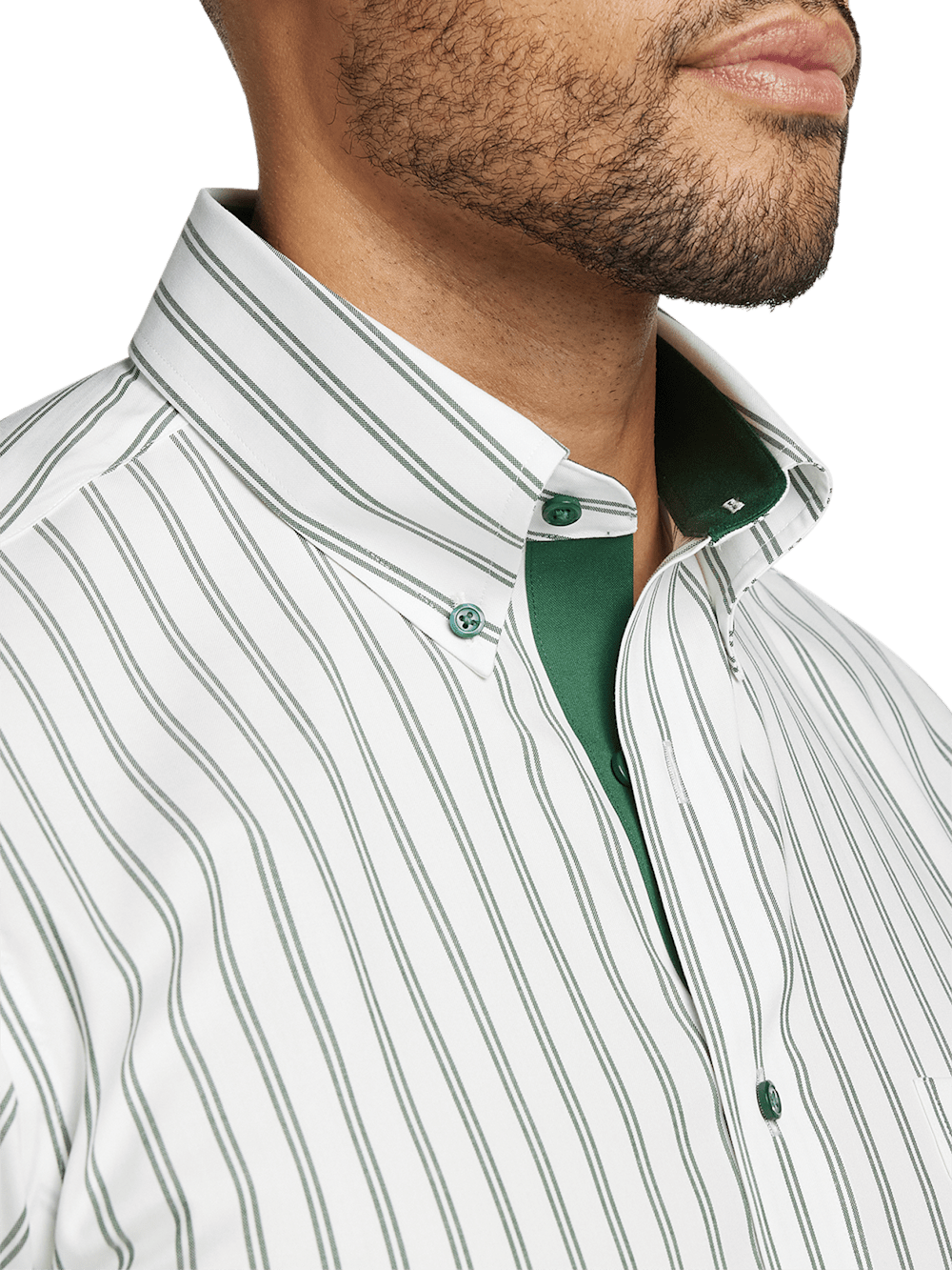 Comfort Stretch Non-Iron Stripe Dress Shirt With Contrast Trim - Green - Classic Fit / 15 / 32 Comfort Stretch Non-Iron Stripe Dress Shirt With Contrast Trim - Green - Classic Fit / 15 / 32