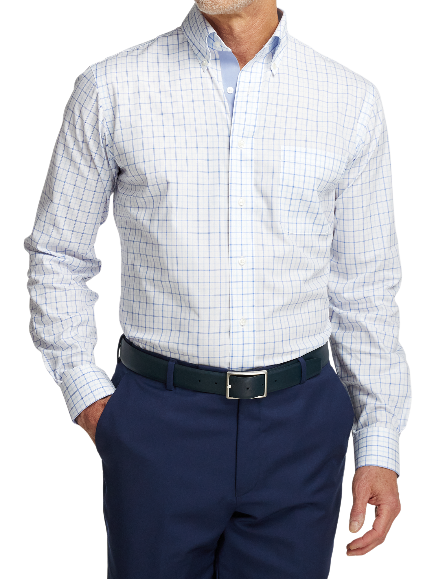 Non-Iron Cotton Windowpane Dress Shirt With Contrast Trim - Blue