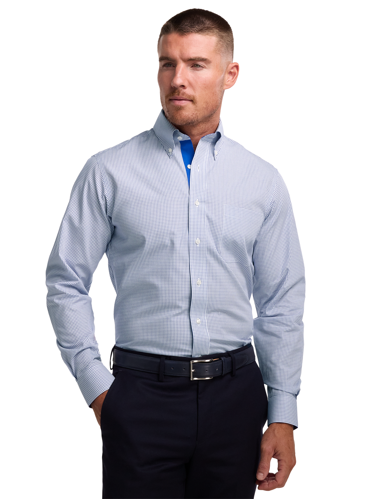 Non-Iron Cotton Check Dress Shirt With Contrast Trim - Navy