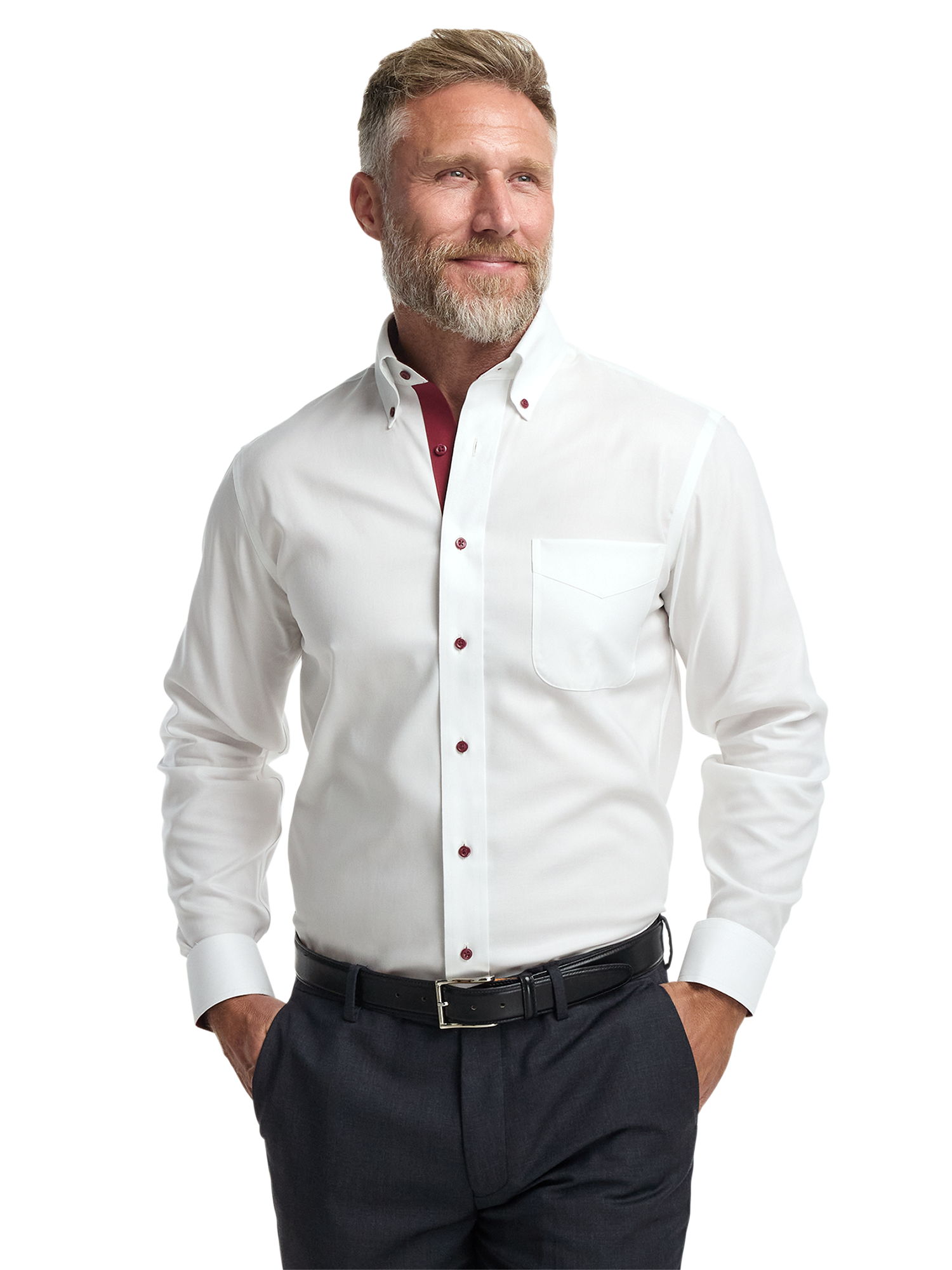 Comfort Stretch Non-Iron Solid Dress Shirt With Contrast Trim - White/burgundy
