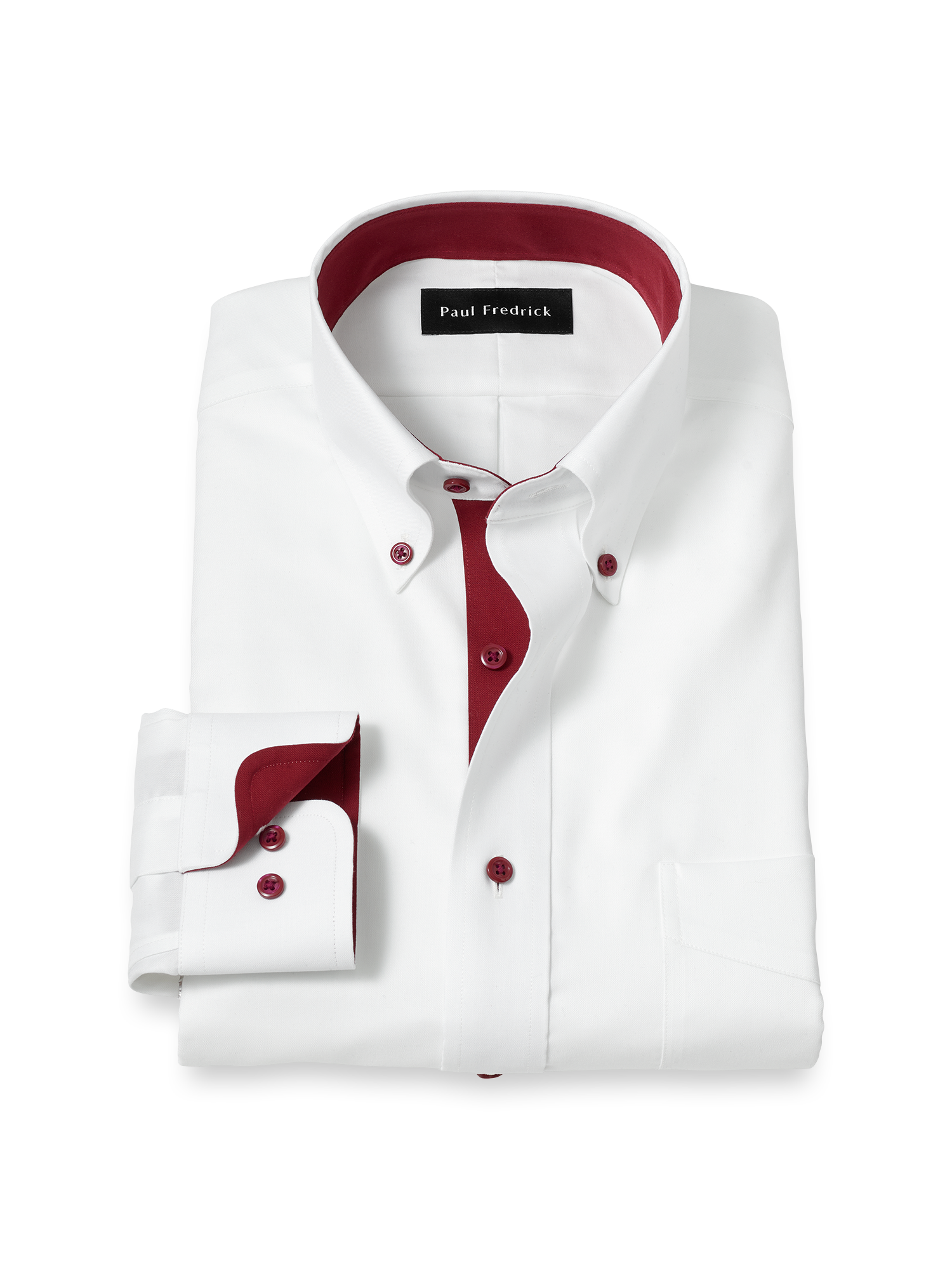 Comfort Stretch Non-Iron Solid Dress Shirt With Contrast Trim - White/burgundy