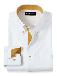 Comfort Stretch Non-Iron Solid Dress Shirt With Contrast Trim - White/gold