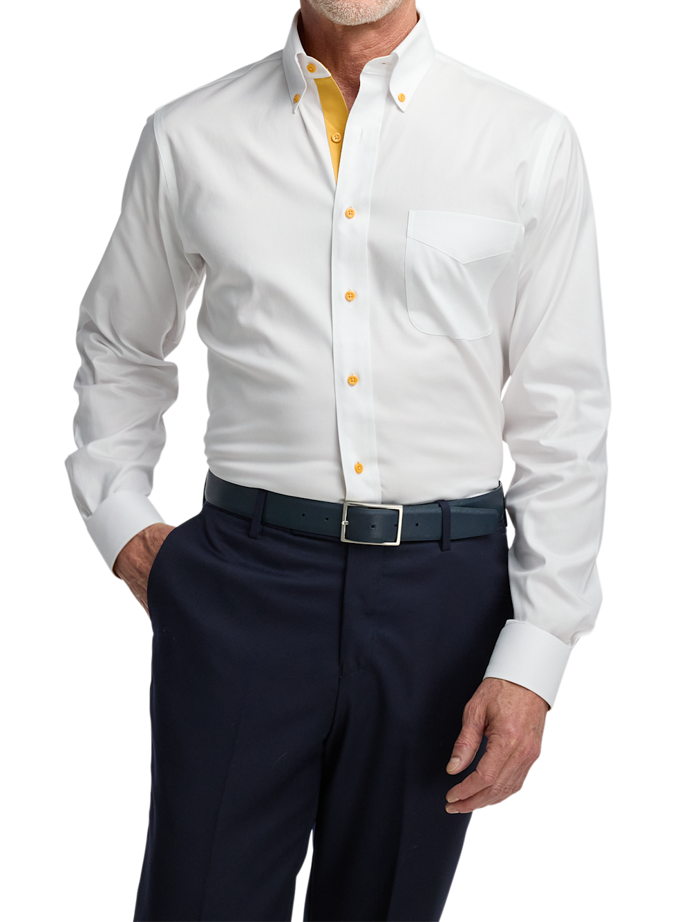 Alternate Shot of Men's White/gold Solid Shirts Trim Inside Neckband  Inside Cuffs  Button Side Of Placket