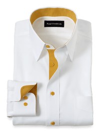 Comfort Stretch Non-Iron Solid Dress Shirt With Contrast Trim - White/gold