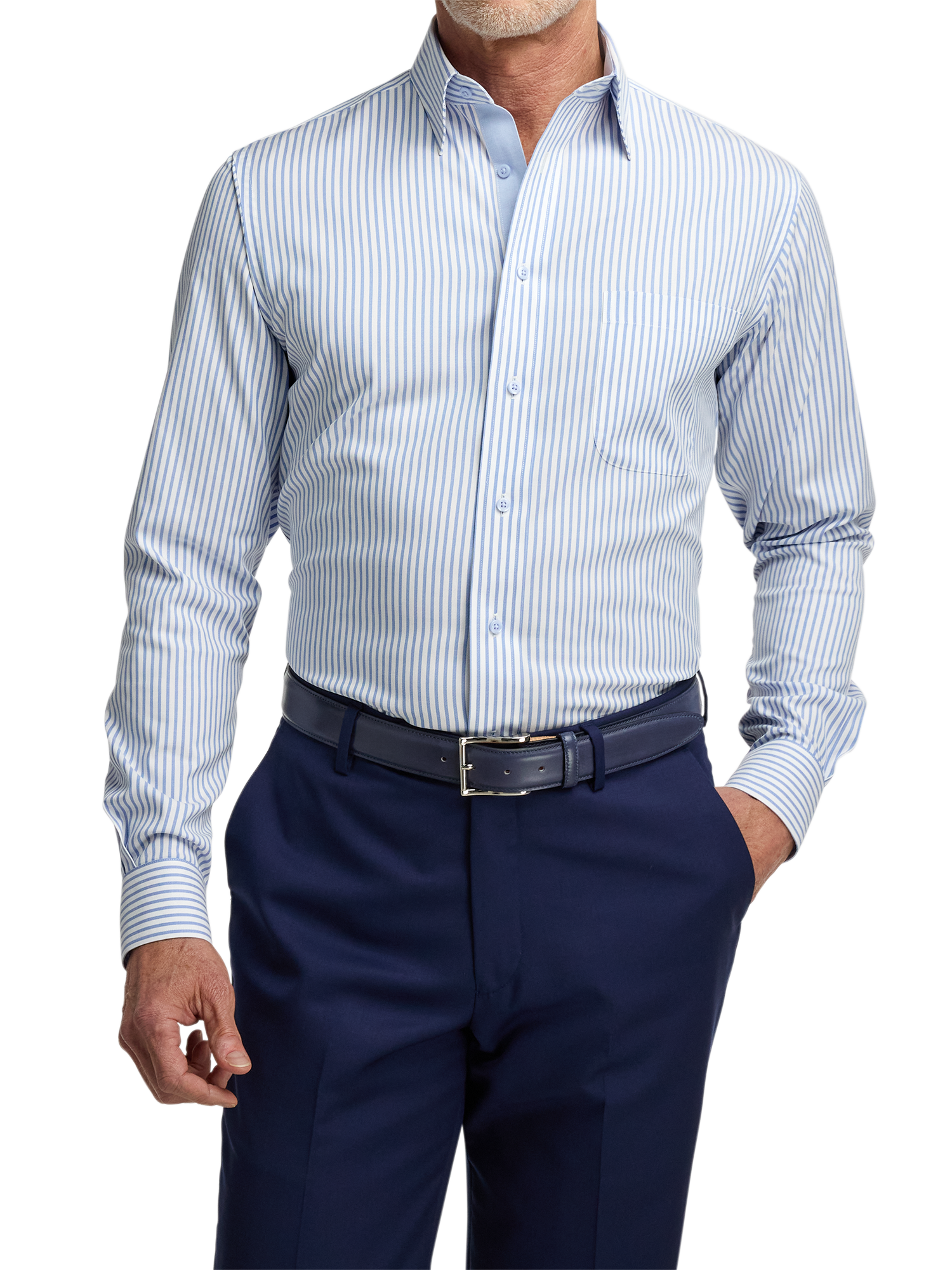 Comfort Stretch Non-Iron Stripe Dress Shirt With Contrast Trim - White/blue