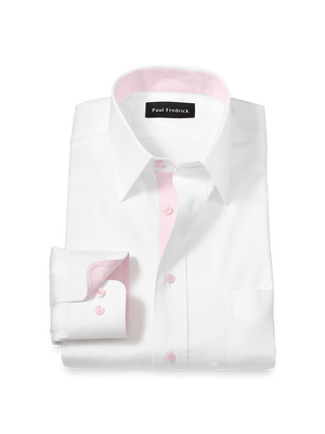 Comfort Stretch Non-Iron Solid Dress Shirt With Contrast Trim - White/pink