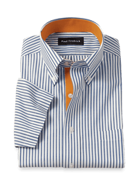 Comfort Stretch Non-Iron Stripe Dress Shirt With Contrast Trim - Blue