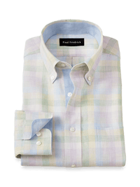 Non-Iron Linen Plaid Dress Shirt With Contrast Trim - Multi