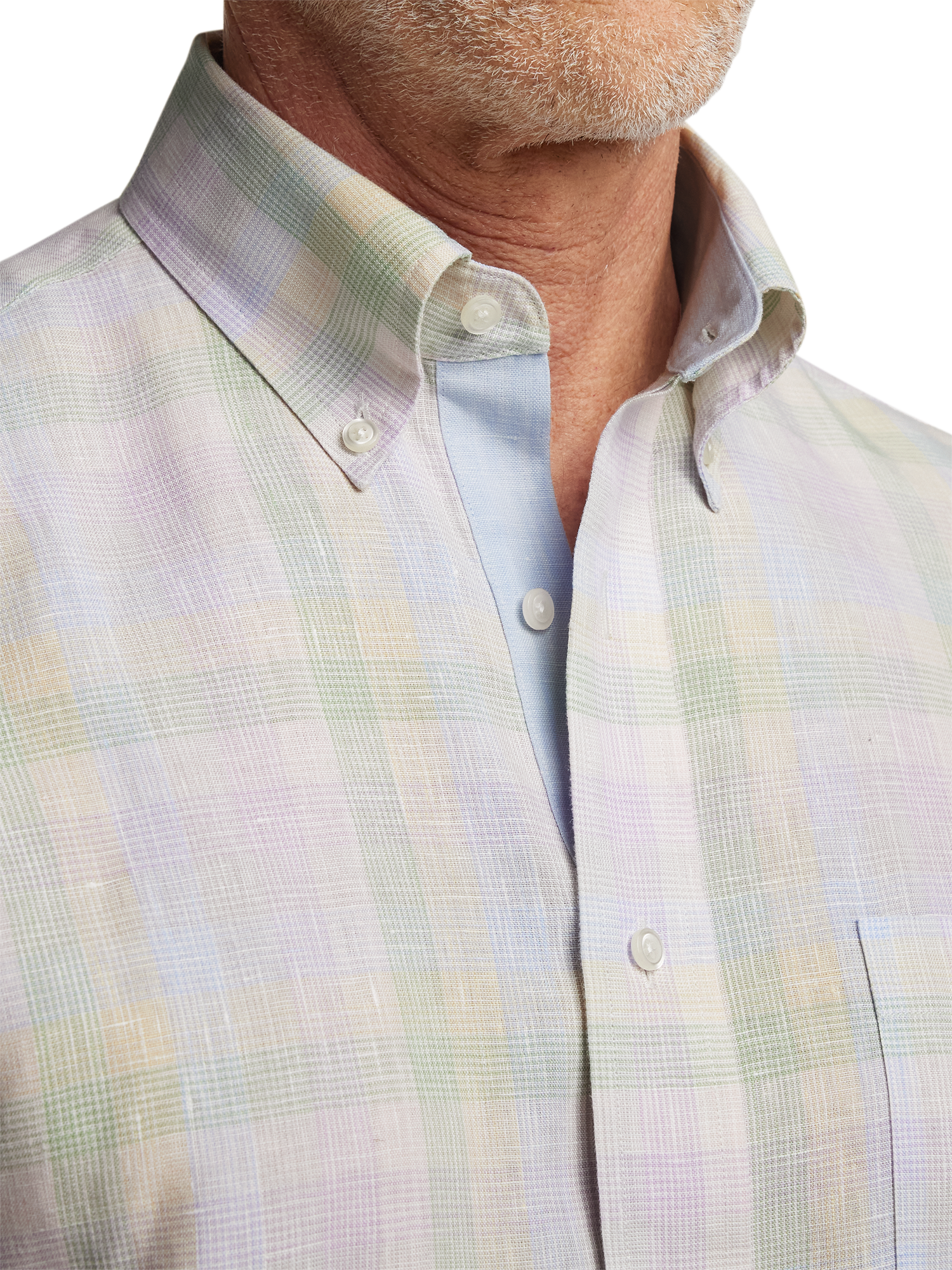 Non-Iron Linen Plaid Dress Shirt With Contrast Trim - Multi