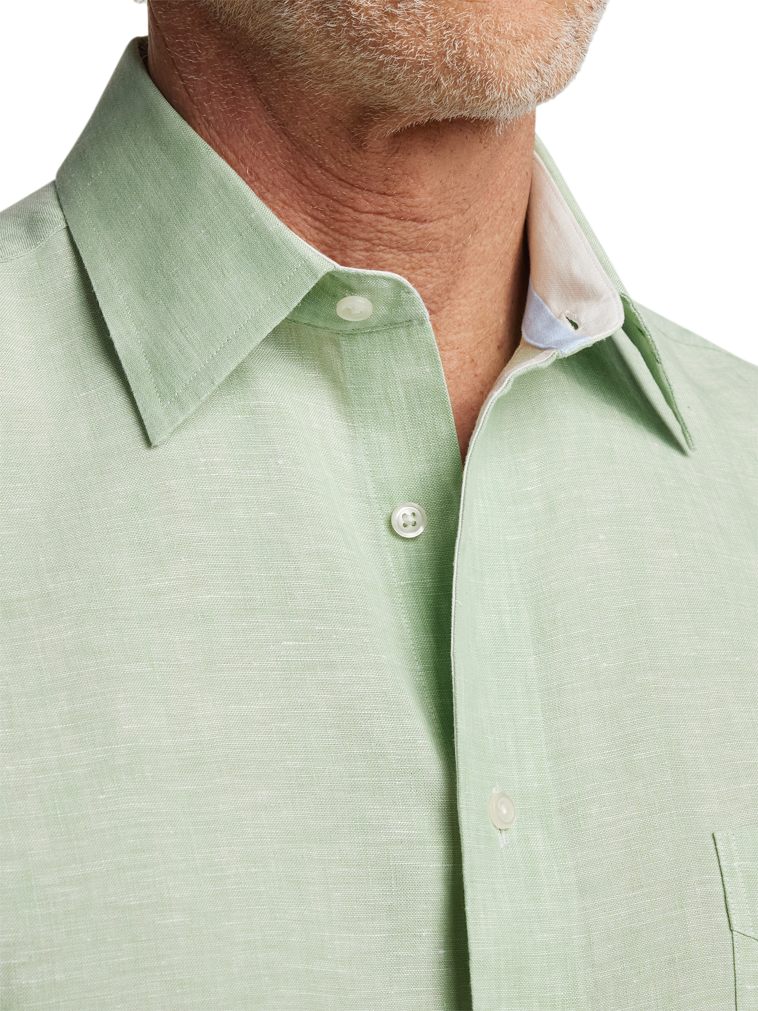 Non-Iron Linen Solid Dress Shirt With Contrast Trim - Green - Classic Fit / 15 / 32 Non-Iron Linen Solid Dress Shirt With Contrast Trim - Green - Classic Fit / 15 / 32