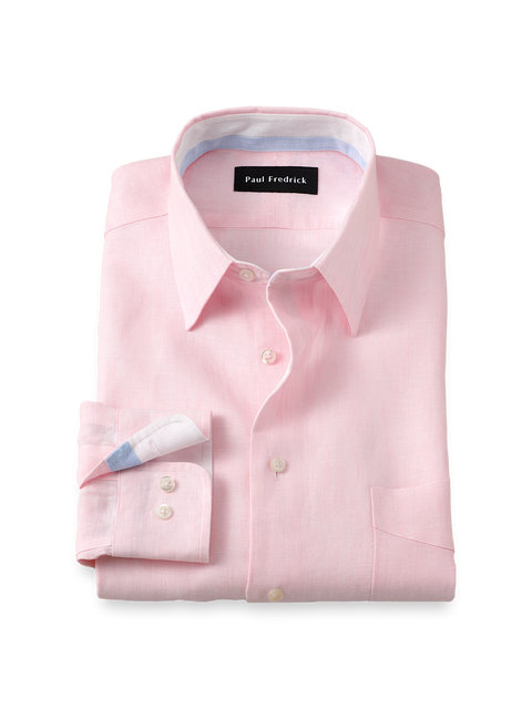 【ANGLAN】Contrast Fabric Over Shirt Non-Iron Linen Solid Dress Shirt With Contrast Trim - Pink