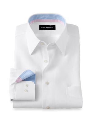 Non-Iron Linen Solid Dress Shirt With Contrast Trim - White